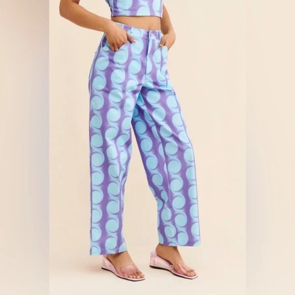 Hosbjerg Frida Swirl Wide Leg Jeans Retro Polka Dot Y2K High Rise Pants S
